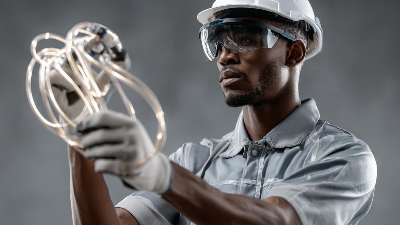 Construction worker inspecting wiring