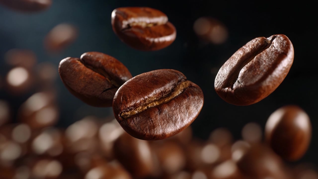 Svævende kaffebønner fanget i fantastisk detalje, der viser den rige tekstur og farve af friskristede Arabica-kaffebønner i bevægelse i luften.