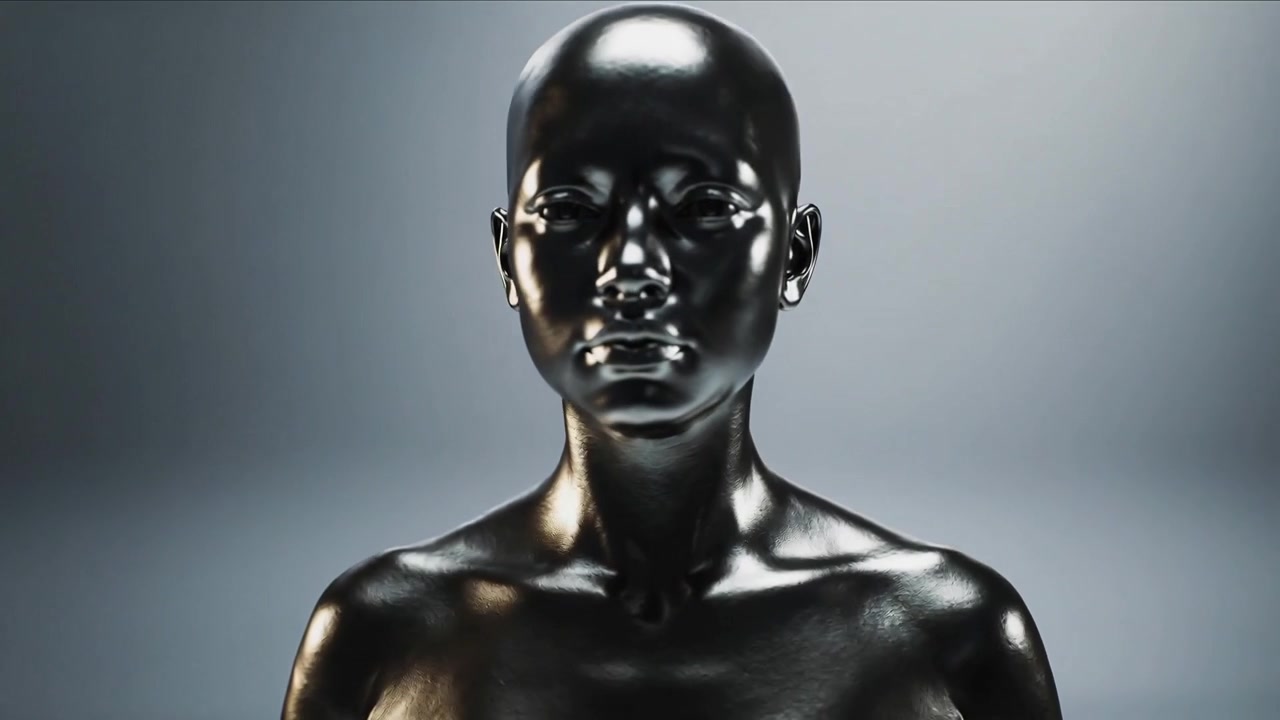 Inizio della clip: busto metallico di una figura cromata che ruota da sinistra verso la parte anteriore in uno studio con luci.