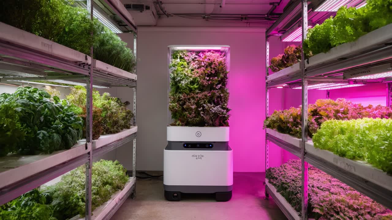 Innovativo sistema idroponico da interno che mostra tecniche di vertical farming con vegetazione rigogliosa e tecnologia LED avanzata per un'agricoltura sostenibile
