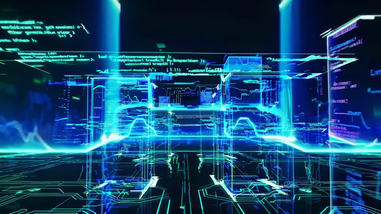 Futuristic digital landscape with neon blue holograms, viewed from a low angle