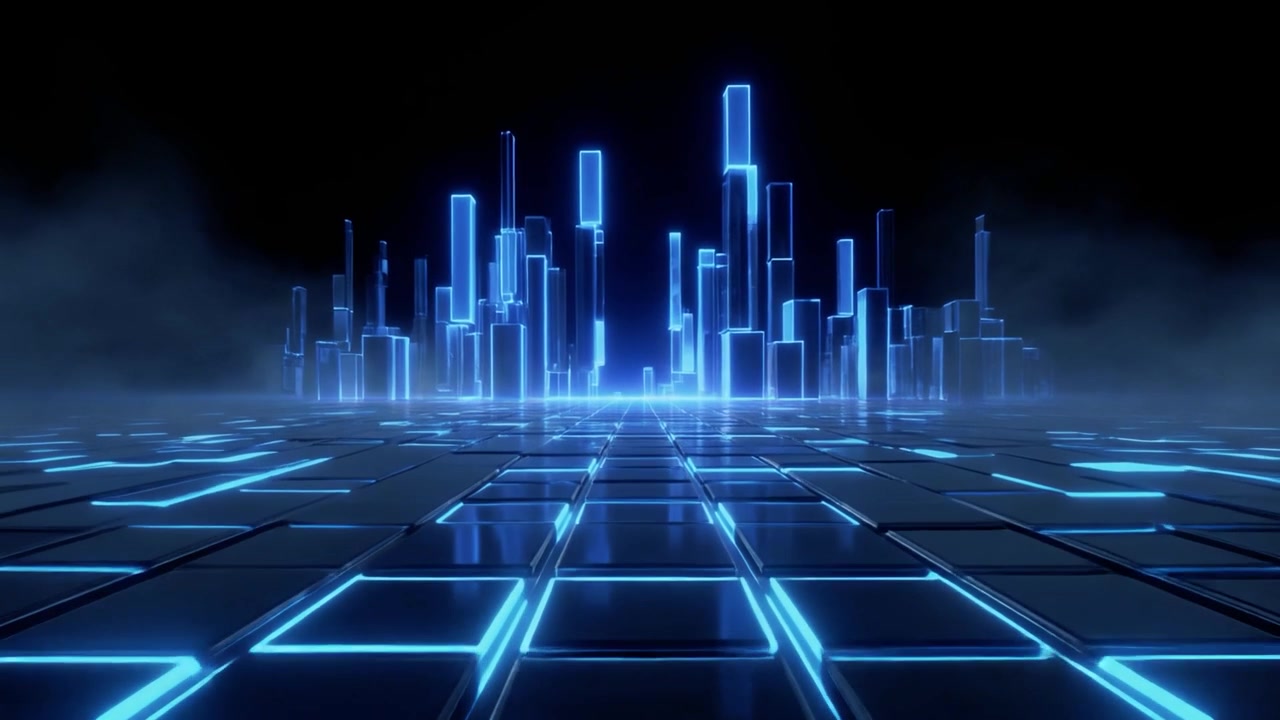 Futuristic Glowing Blue Digital Cityscape with Grid Floor