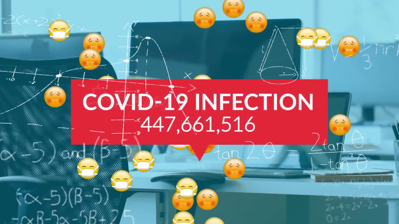 사무실에서 얼굴 마스크를 쓴 여러 병자 이모티콘을 통해 코로나 19 데이터 처리의 애니메이션