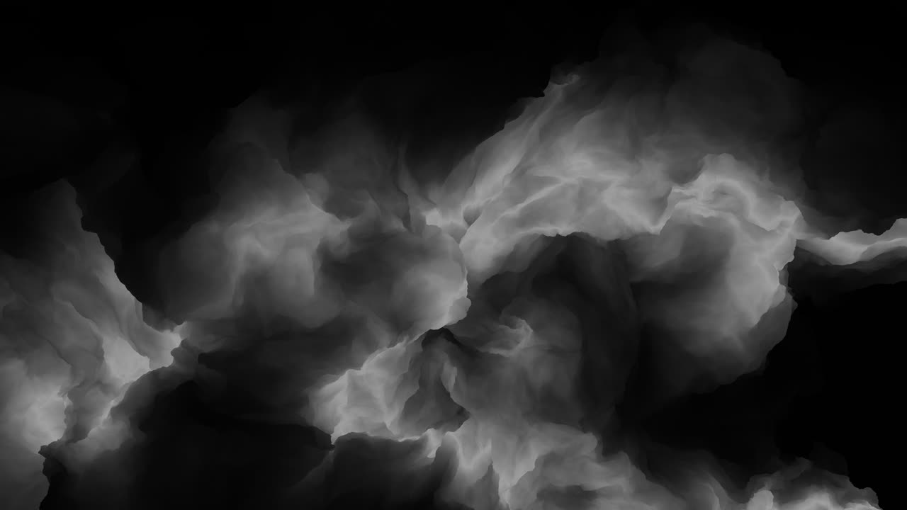 Monochroom abstracte rook- of mistwolken die zweven en wervelen in een donkere ruimte, wat een stemmige atmosferische achtergrond creëert voor horror, mysterie, cinematografisch en designgebruik.