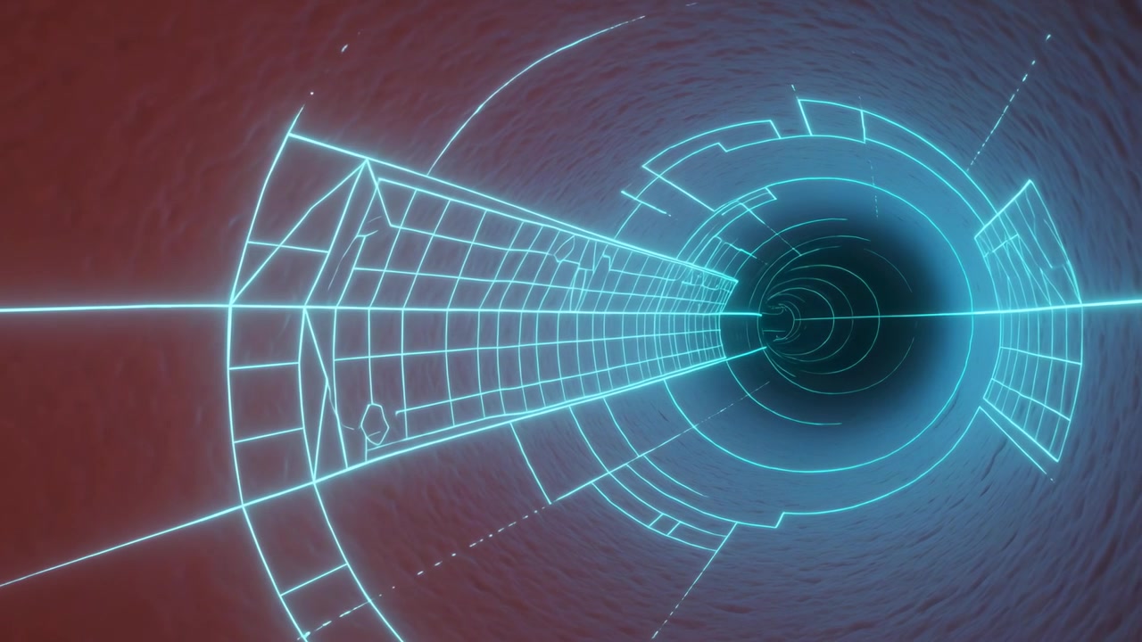 Advancing neon cyan grid tunnel moving to portal in red conduit on play, showing HUD rings