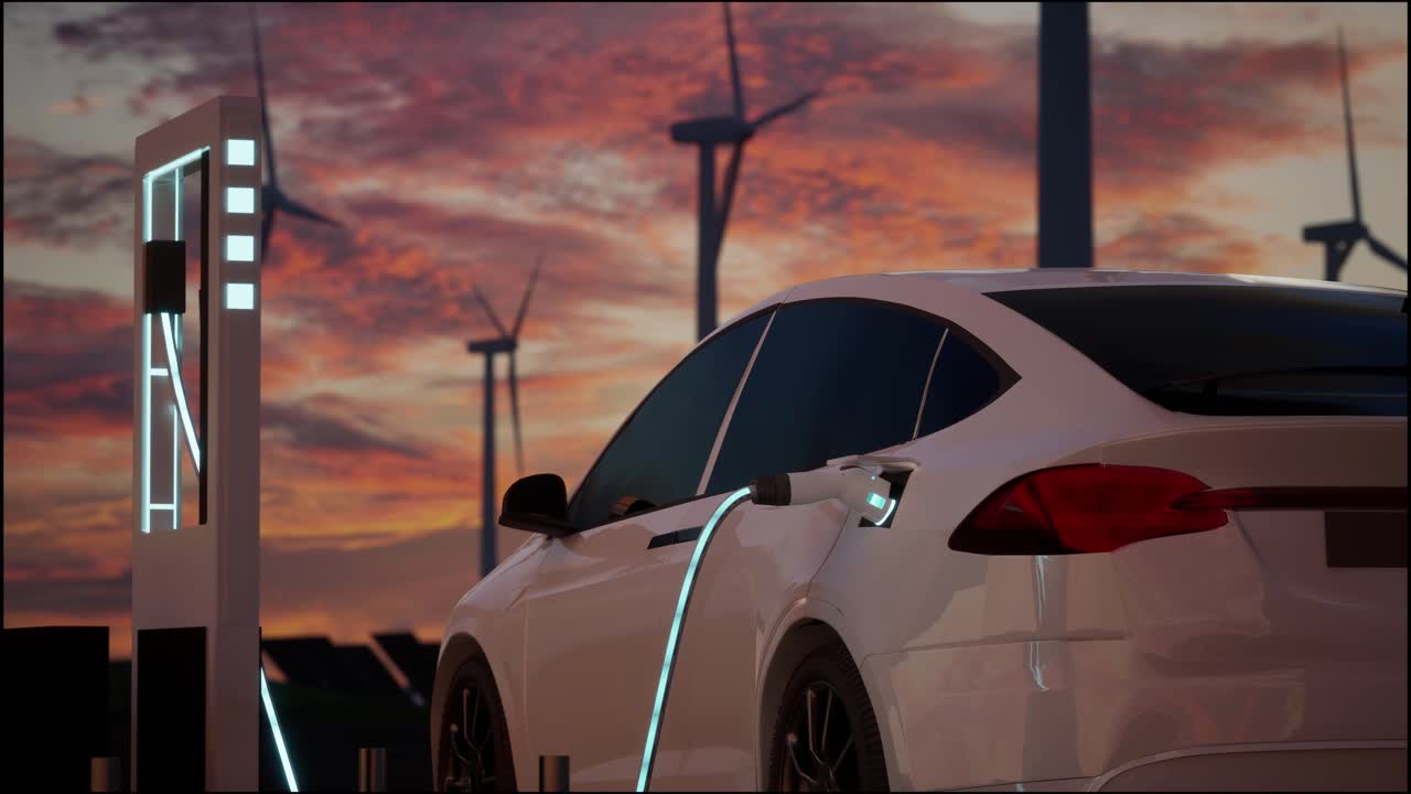 carga de automóviles eléctricos respetuosos con el medio ambiente en el fondo de turbinas eólicas. vista del atardecer de la estación de ev con puerto conectado en el automóvil. representación 3d realista del concepto de energía alternativa