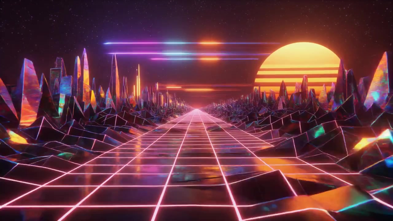 Paesaggio retro synthwave con griglia luminosa e tramonto