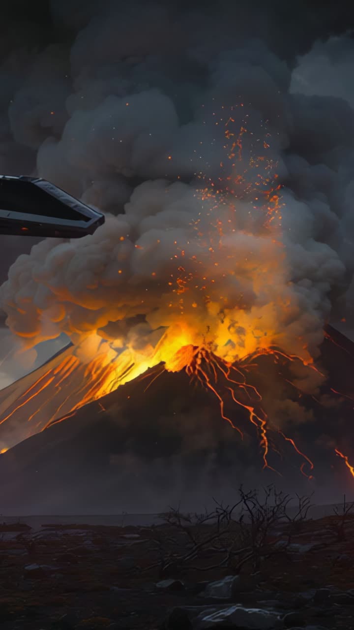 Vertical video: Erupting volcano spewing ash and blasting lava jets over slopes, with craft wing