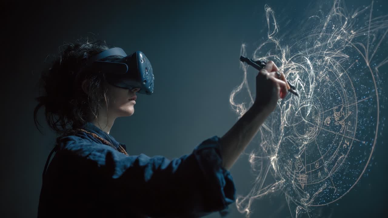 An Individual Engaged in Virtual Reality, Skillfully Creating and Interacting with a Digital Star Map Through a Futuristic Visual Interface, Blending Technology and Art in an Immersive Experience