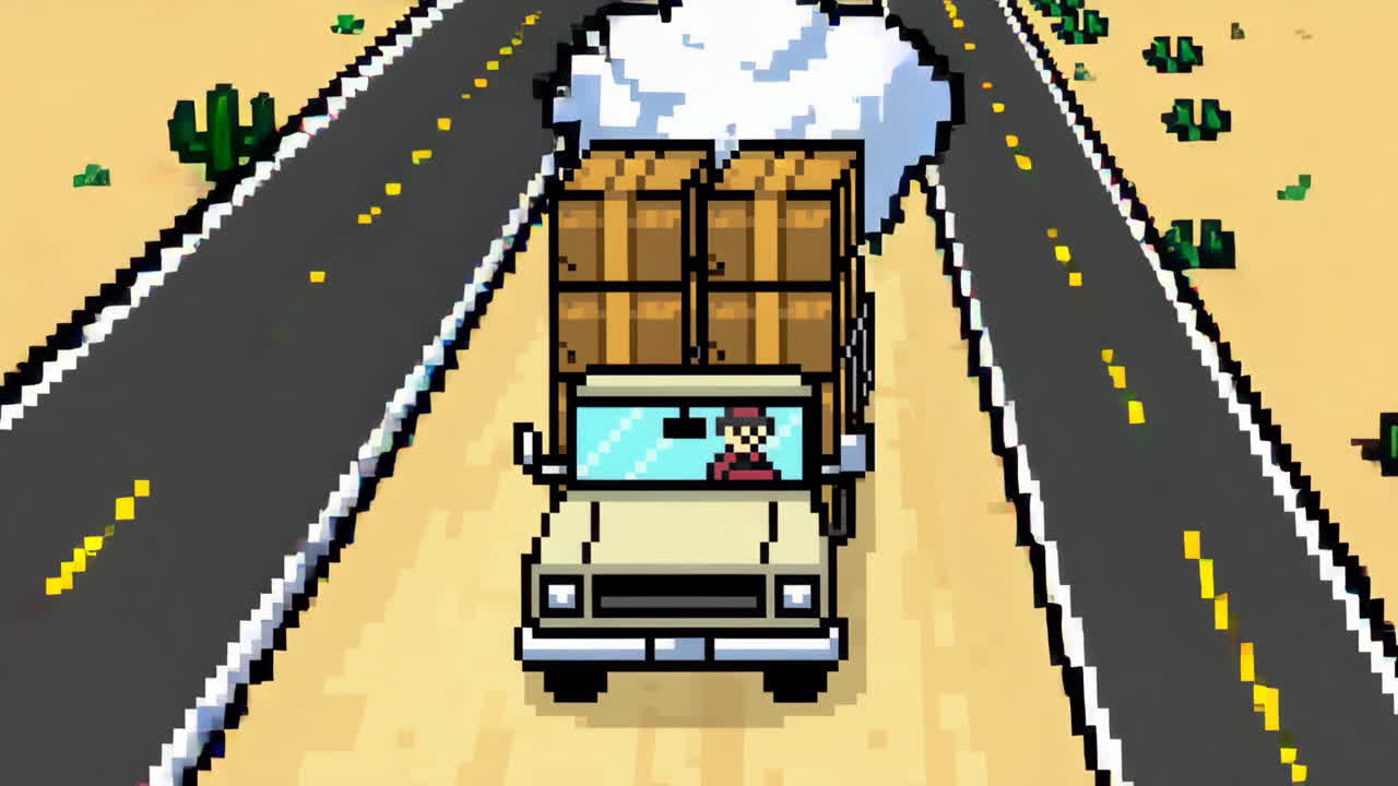 Pixel Art Truck Driving Through Desert Roads