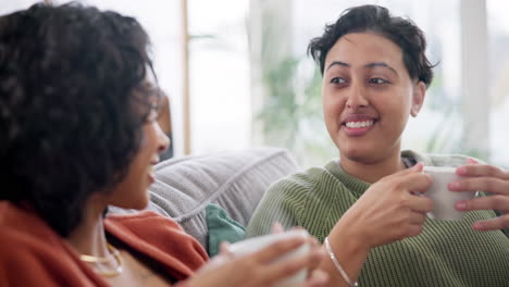 Lesbian-couple,-coffee-and-women-talking-on-sofa