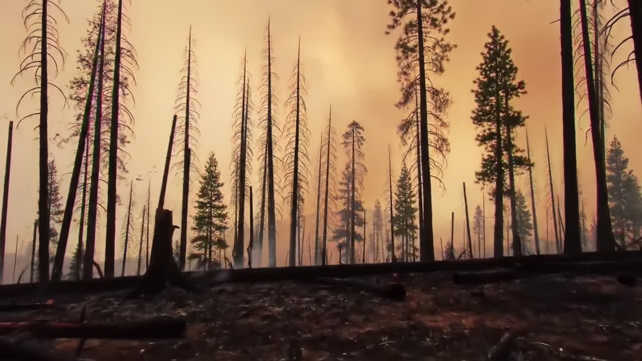 A dramatic depiction of a scorched landscape, showcasing the aftermath of a wildfire with charred trees silhouetted against a smoky orange sky, illustrating nature's devastating struggle