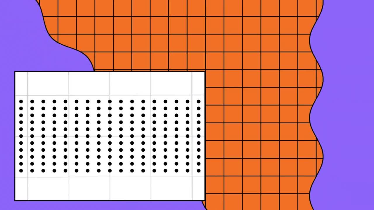 animación de cuadrículas negras y puntos con forma púrpura en fondos naranjas y blancos