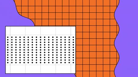 animación de cuadrículas negras y puntos con forma púrpura en fondos naranjas y blancos