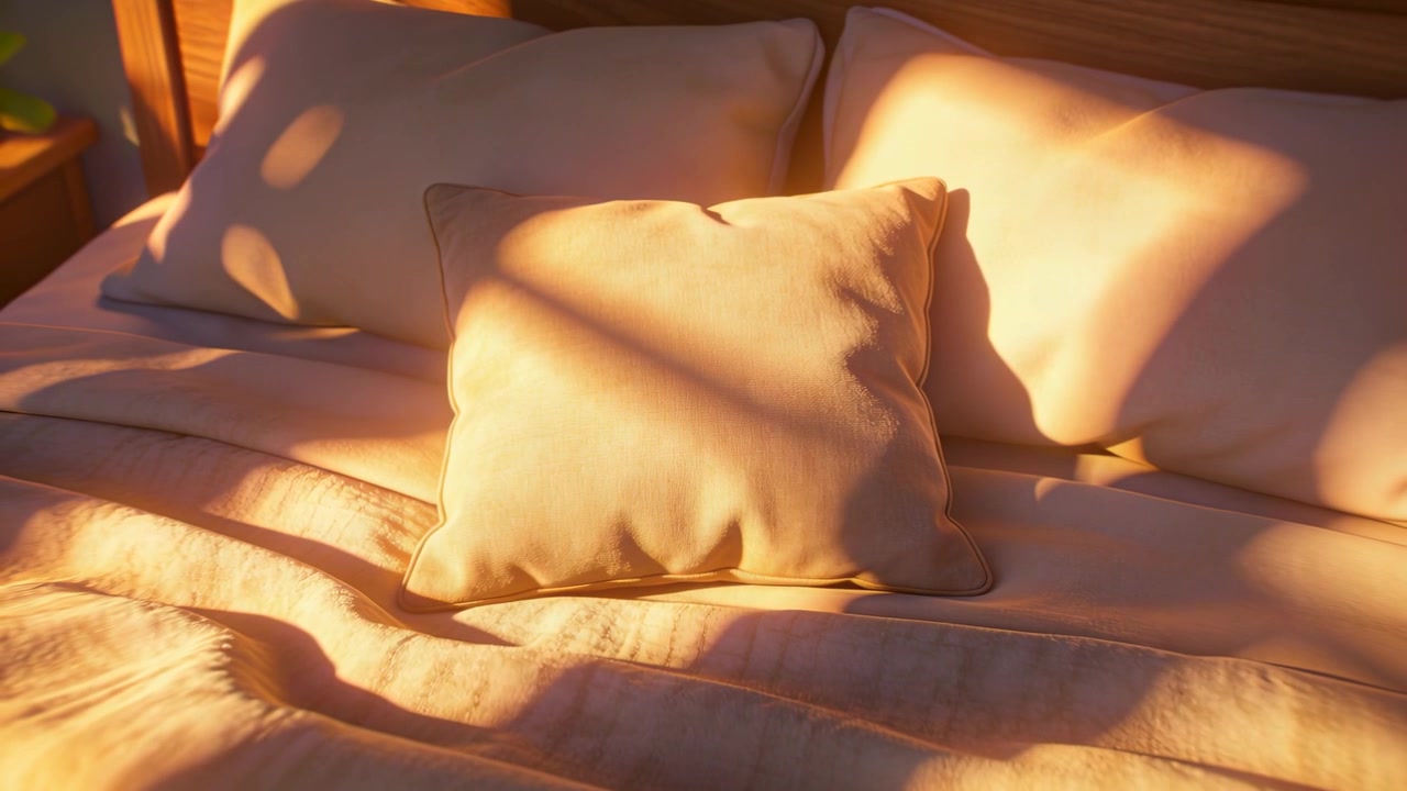 L'angolo del sole che si sposta spazza le ombre delle finestre sul copriletto della camera da letto, illuminando un cuscino quadrato.
