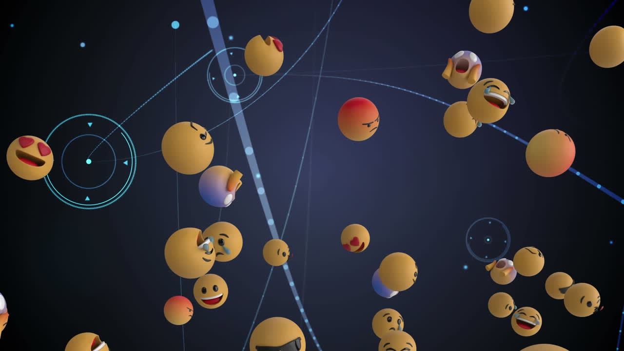 цифровая анимация нескольких эмодзи с лицами на фоне сети соединений на черном фоне