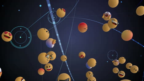 digital animation of multiple face emojis against network of connections on black background