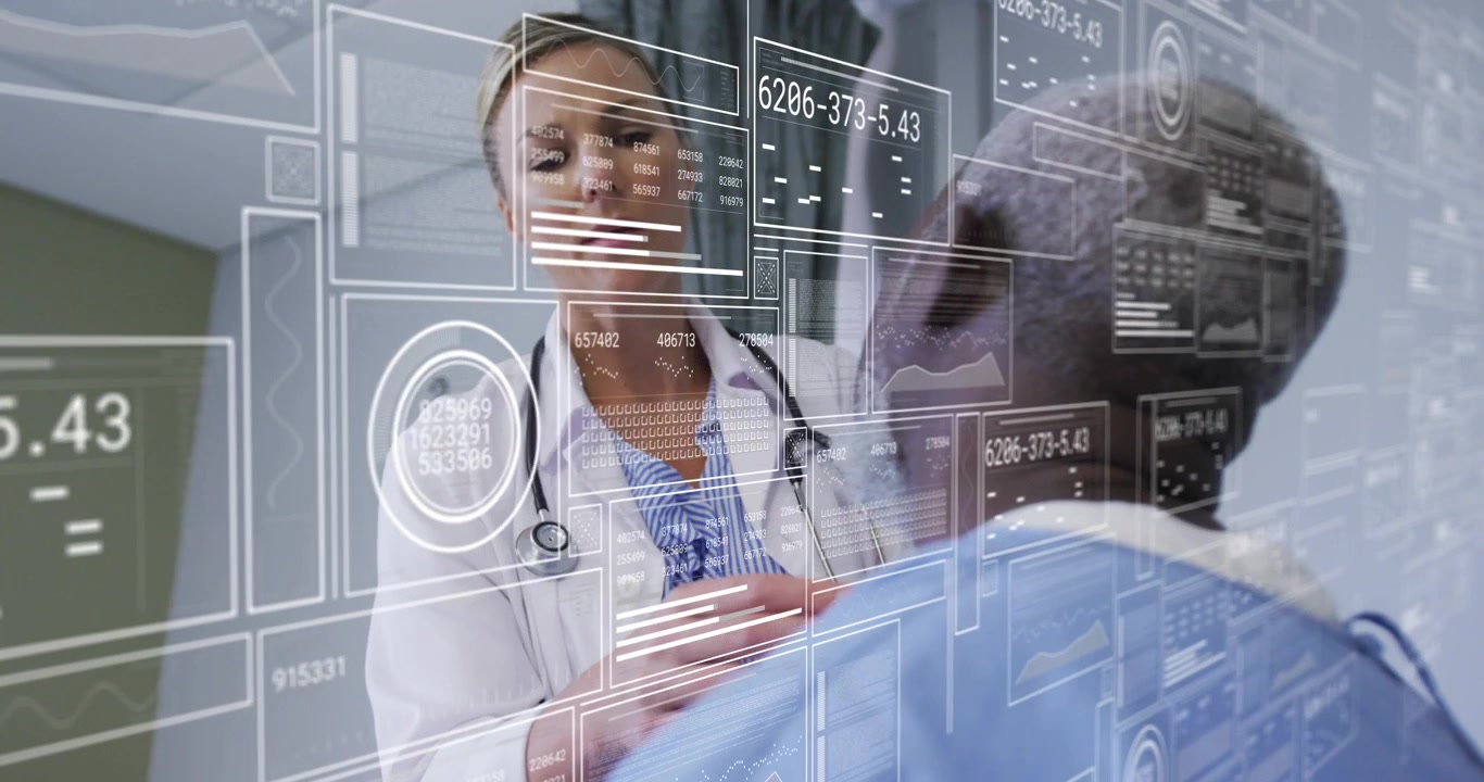 Doctor placing hand on shoulder, palpating chest and reading digital data panels for health check
