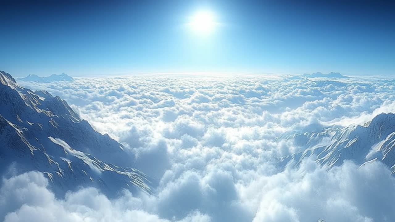 Majestic mountain view above the clouds. Snow-capped peaks rise majestically above a blanket of clouds under a bright blue sky with a brilliant sun.