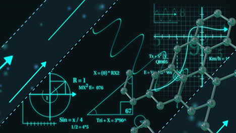 mathematical equations and molecular structure over scientific data and graphs