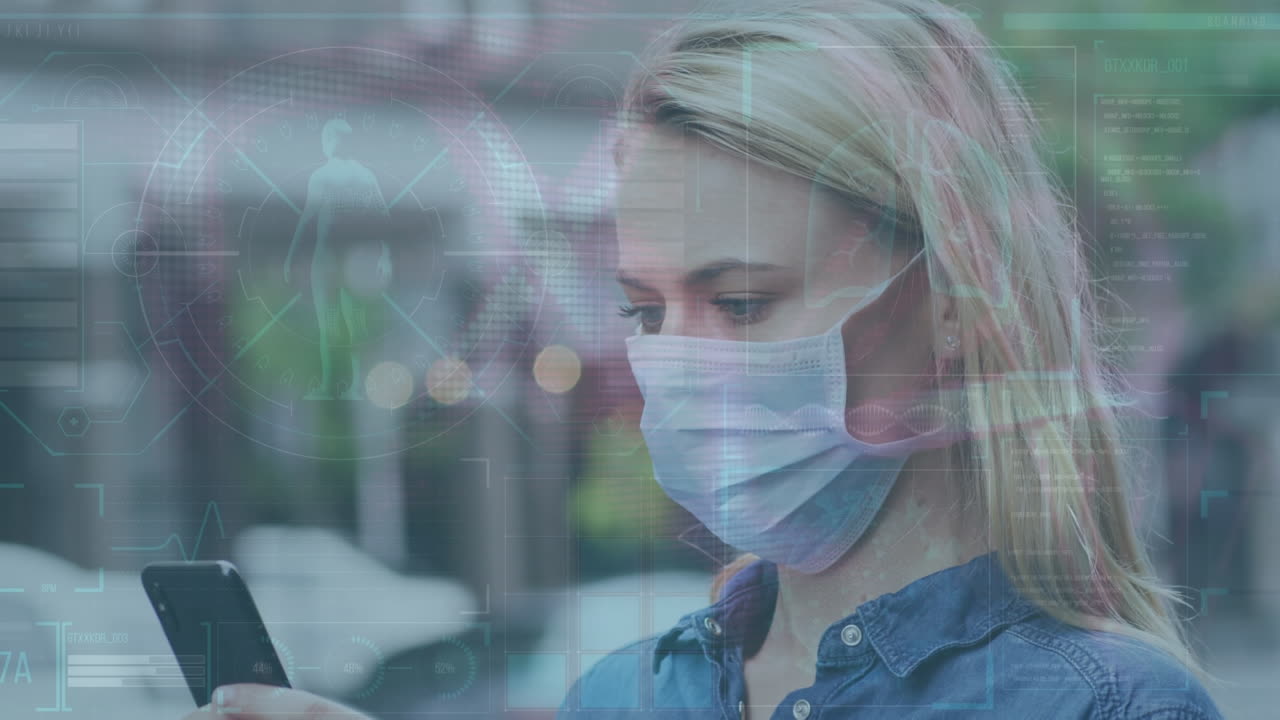 Animation of medical data processing over caucasian woman in face mask using smartphone