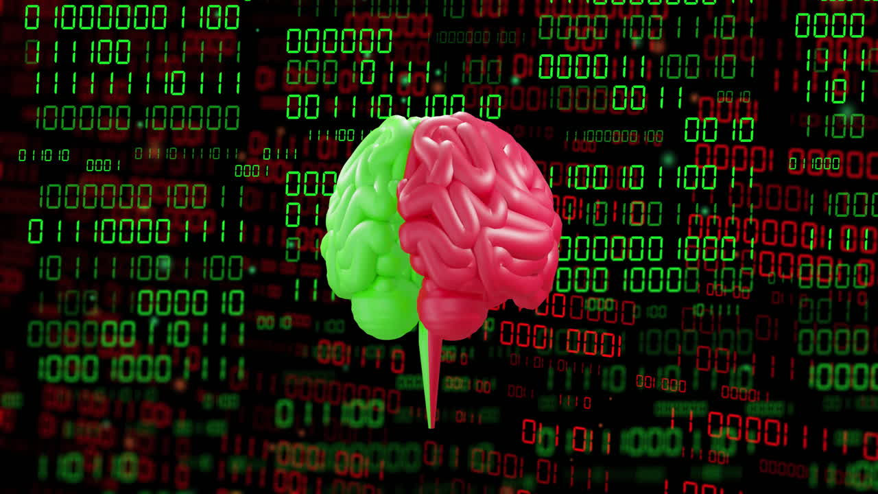 animación de texto ai, cerebro y procesamiento de datos de codificación binaria sobre un fondo oscuro