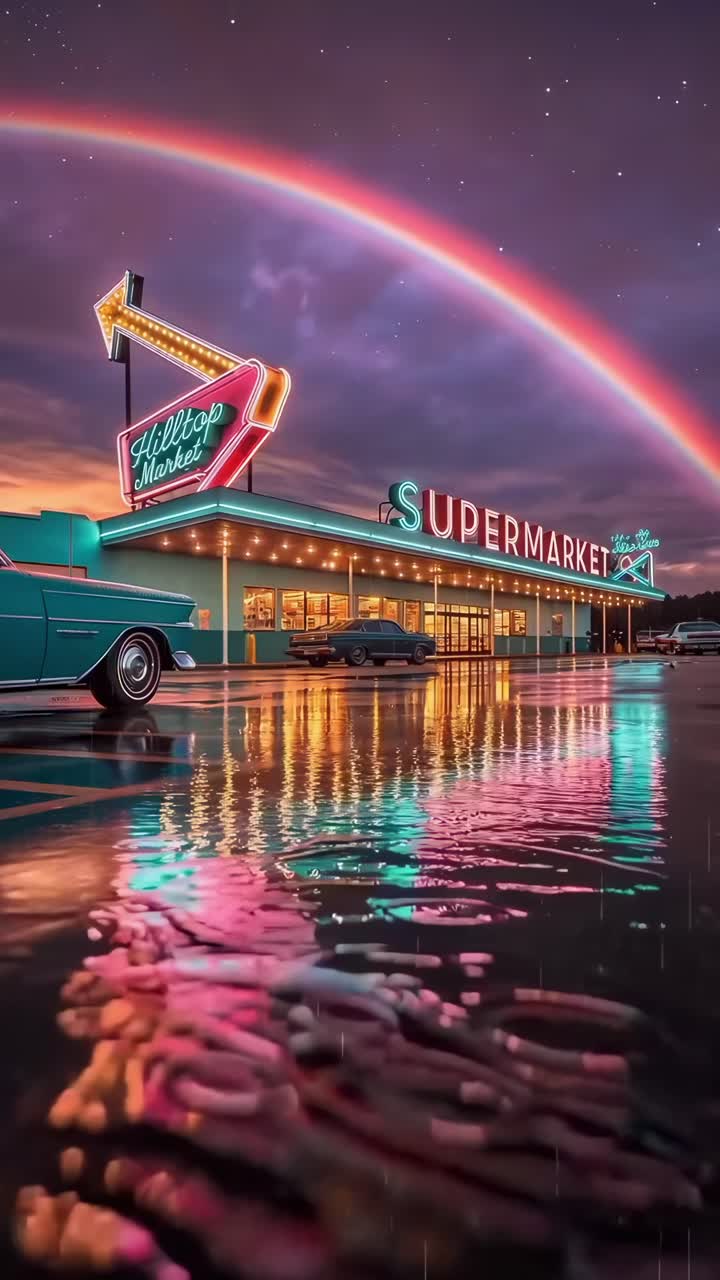 Supermercato retrò con luci al neon e arcobaleno, ripresa dal basso, stile video cinematografico