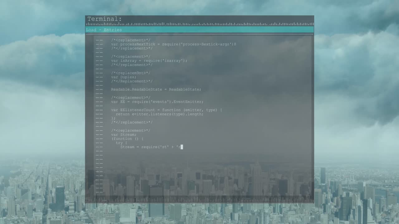 animación del procesamiento de datos en pantalla sobre el paisaje urbano