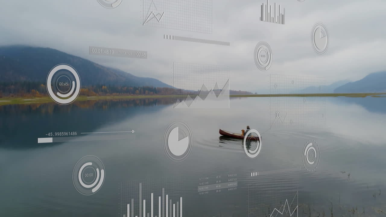 On calm lake, canoe with animation graphics overlaying data visualization scene