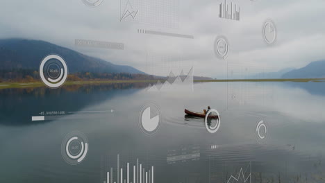on calm lake, canoe with animation graphics overlaying data visualization scene