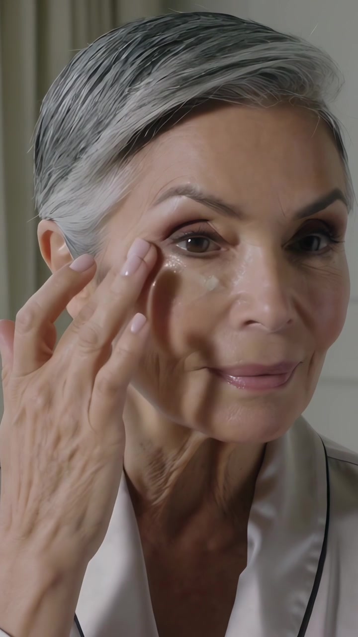 Vídeo vertical: Mulher mais velha, de roupão, aplicando creme para os olhos sob o olho esquerdo com os dedos para cuidado.