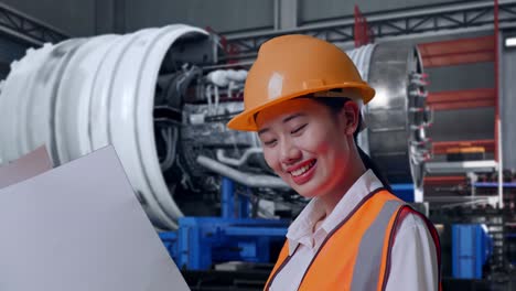 close up side view of asian female engineer with safety helmet looking at blueprint in her hands while standing with airplane engine maintenance conducted