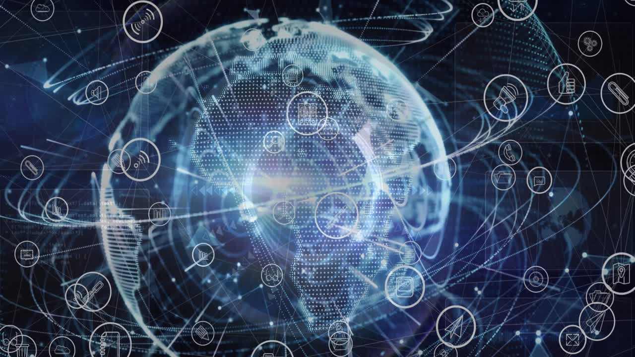 анимация сети соединений, икон и обработки данных по всему миру