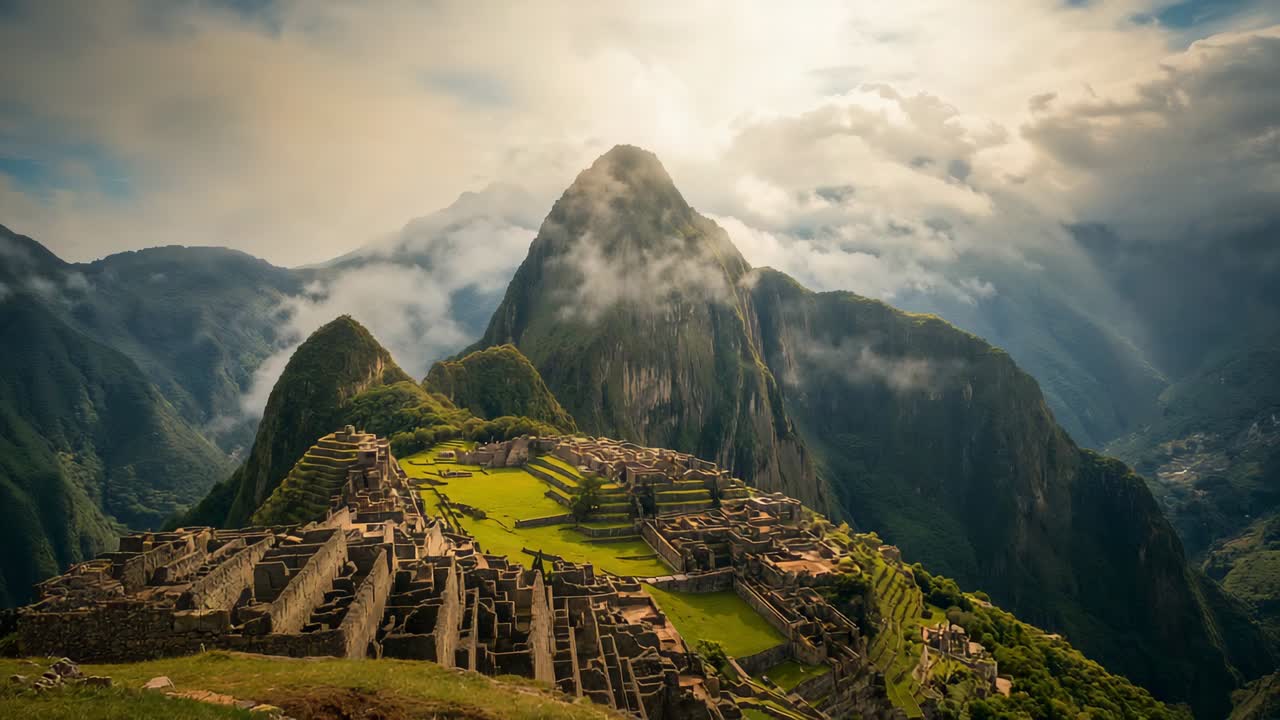 Il sole che irrompe tra le nuvole rivelando le terrazze di Machu Picchu e Huayna Picchu mentre la camera esegue uno zoom indietro