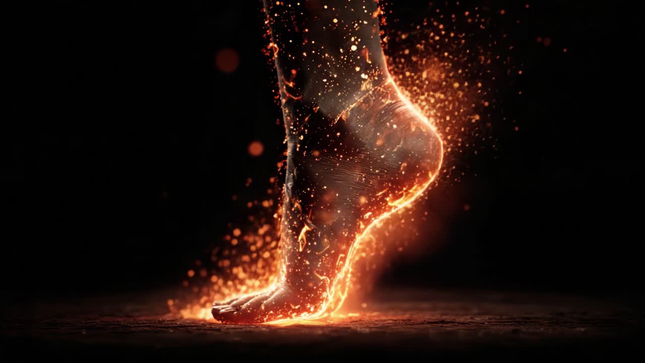 A Mystical Footstep in Flames: Capturing the Ethereal Glow of a Foot Surrounded by Fiery Sparks and Energy in a Dark Setting