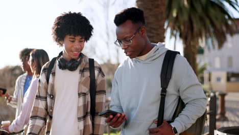 outdoor, walking and students with a cellphone