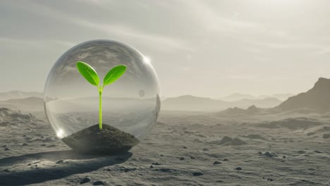 a vibrant new life begins to flourish within a protective dome, set against the backdrop of a desolate landscape illuminated by a distant sun