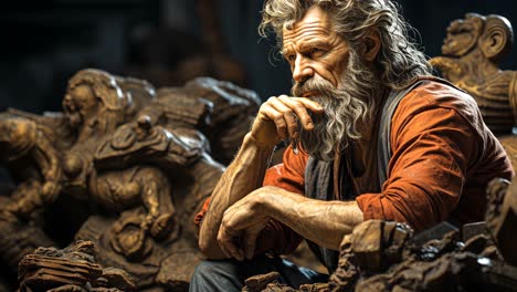 craftsman reflecting on his intricate sculpture creations in the workshop