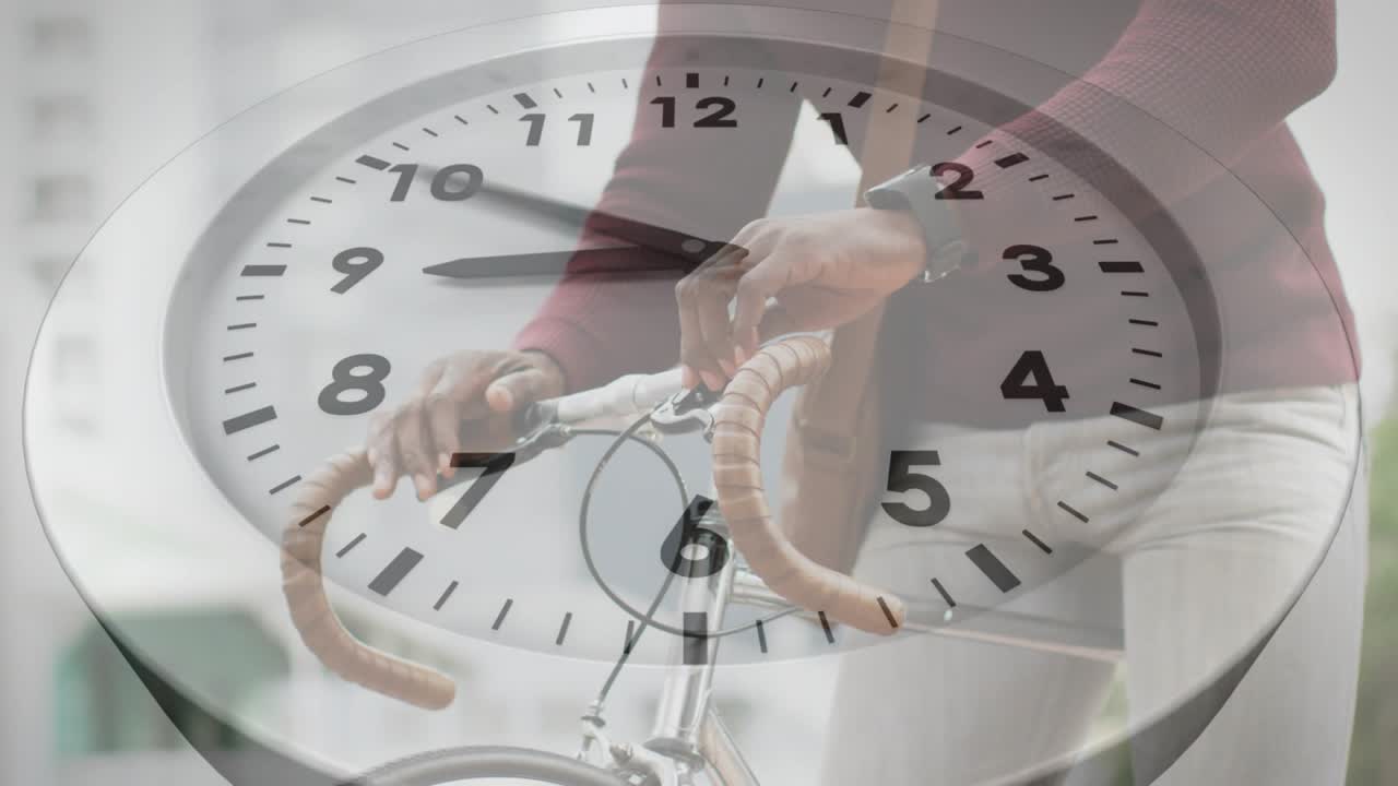 Clock overlay advancing time, fitness cyclist lifting watch, shifting ...