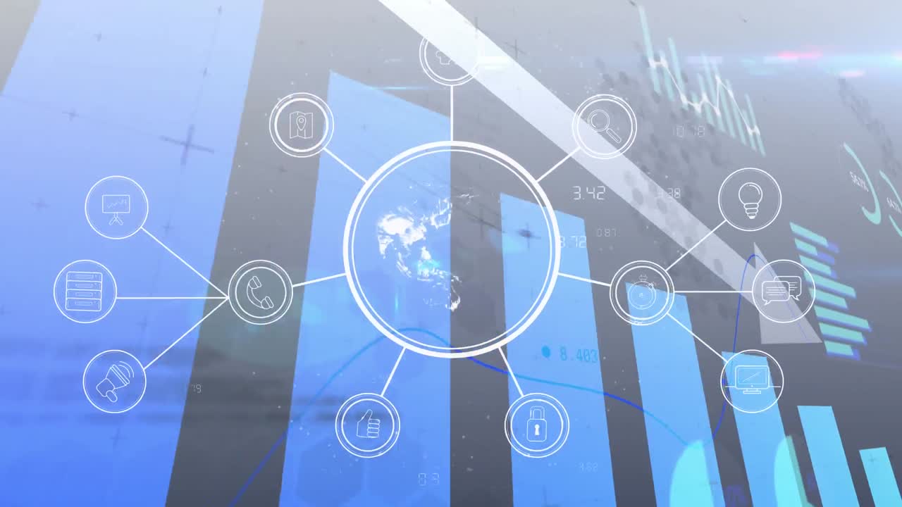 Animation of financial data processing with arrow descending and globe with network of icons