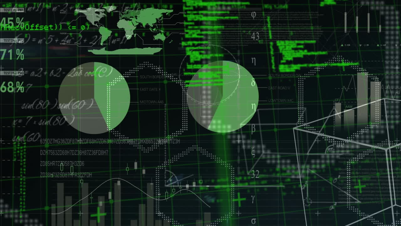 animación del procesamiento de datos y diagramas sobre fondo negro