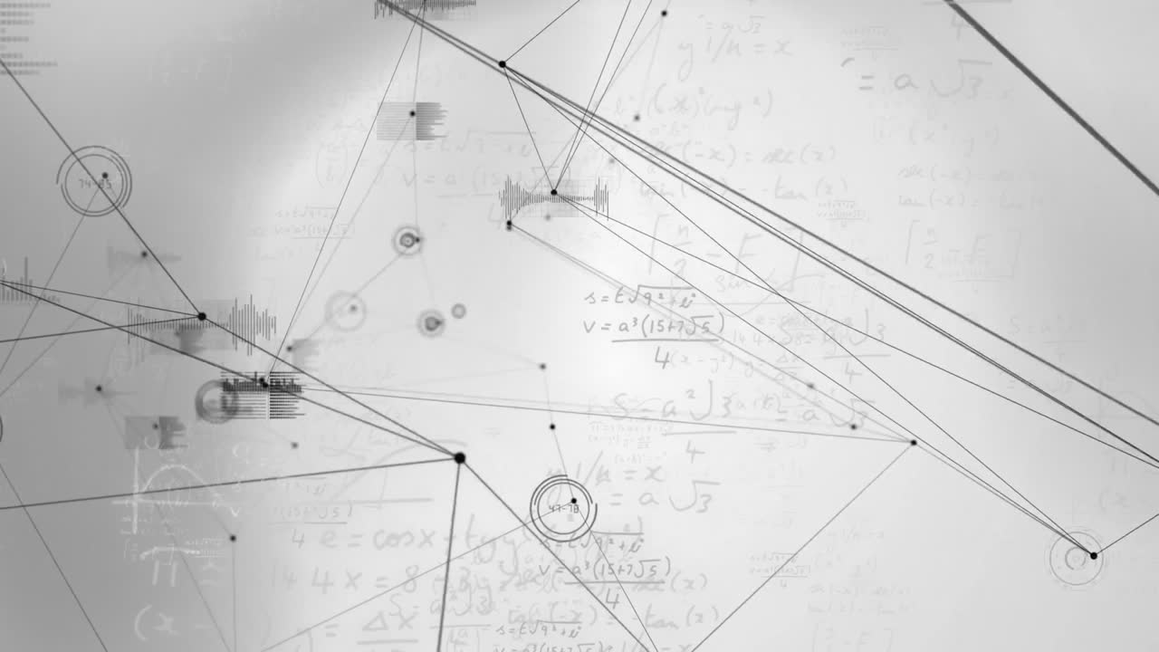 Animation of geometric lines and nodes over equations on white background