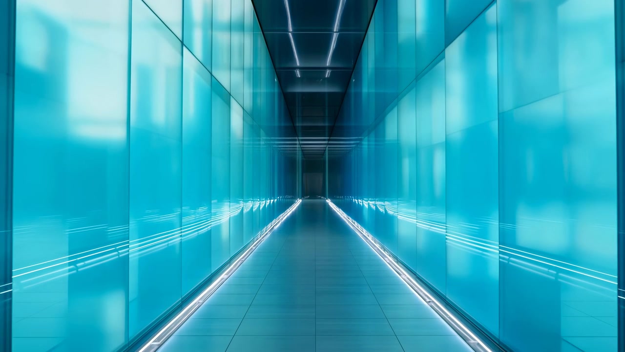 Un corridoio futuristico con eleganti pareti in vetro e superfici riflettenti, ambientato in un interno moderno e high-tech. L'inquadratura statica cattura il design raffinato e i materiali avanzati, ideale
