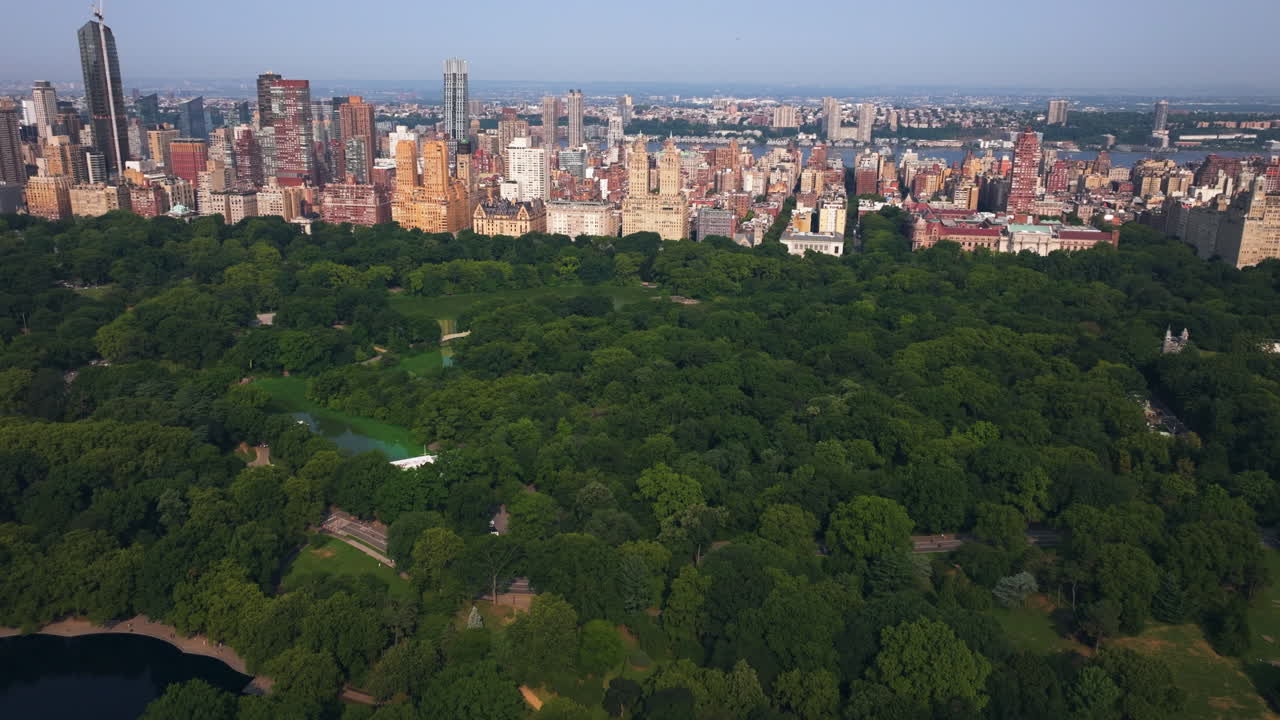 Aerial view over the Central park, toward the Upper East Side, golden hour in NY