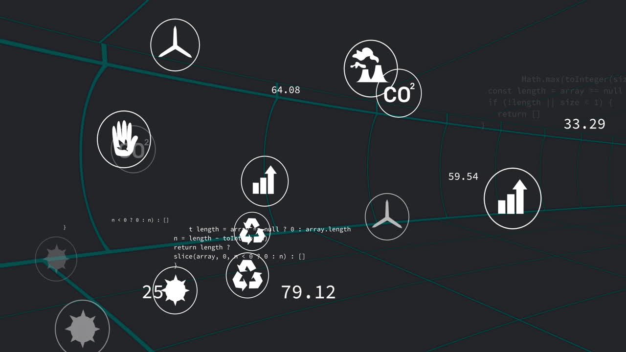 Animation of eco icons and data processing over black background