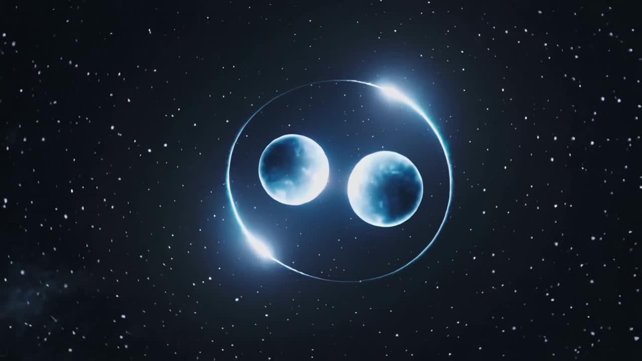 Scia ciano ad arco che forma un anello, due sfere blu gemelle che spiraleggiano verso l'interno nello spazio, causando un'esplosione.