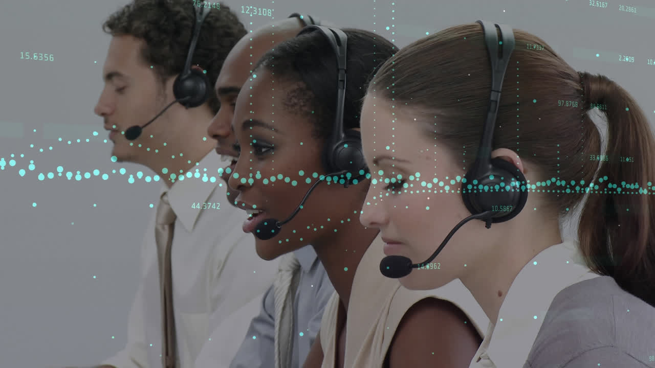 Animation of statistics and data processing over business people wearing phone headsets