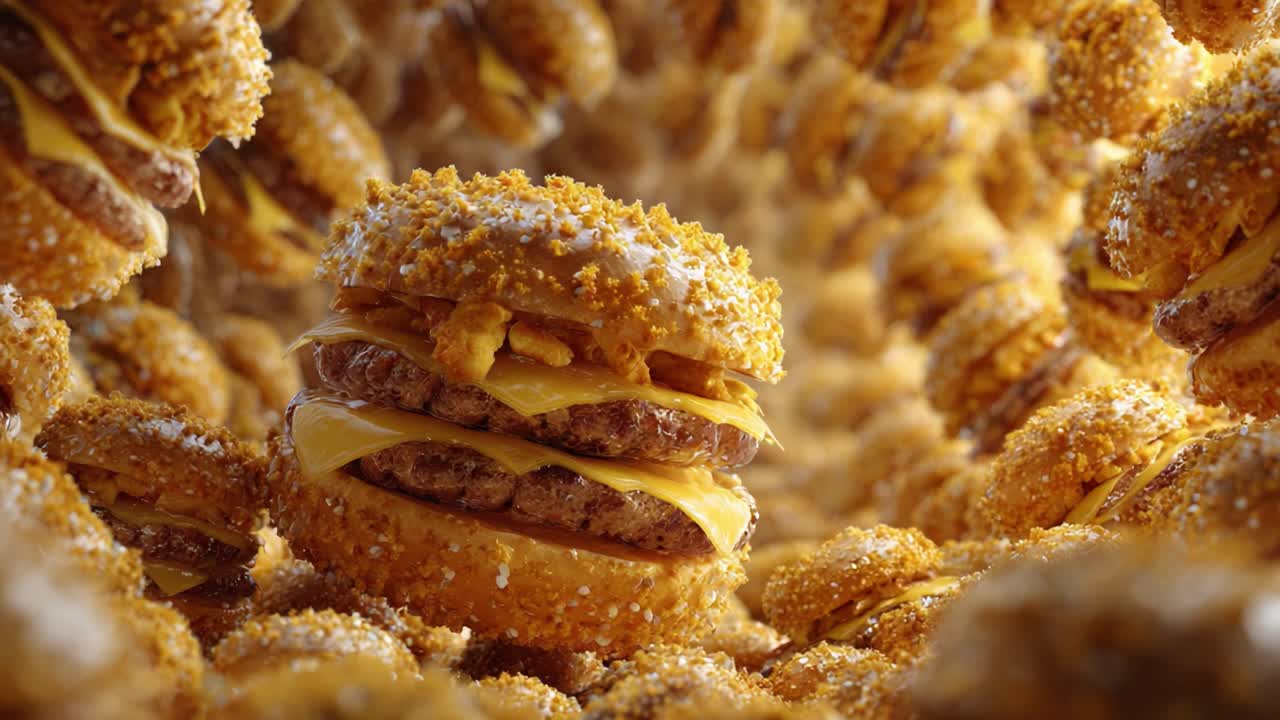 Indulgent Triple Stack: A Mouthwatering Overload of Golden-Crusted Burgers with Cheddar, Perfectly Placed Amidst a Sea of Tempting Delicacies