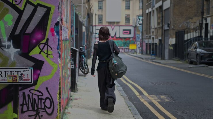 Rear View Outdoor Fashion Shot Of Young Alternative Style Woman Walking Along London City UK Street With Graffiti Covered Walls In Real Time