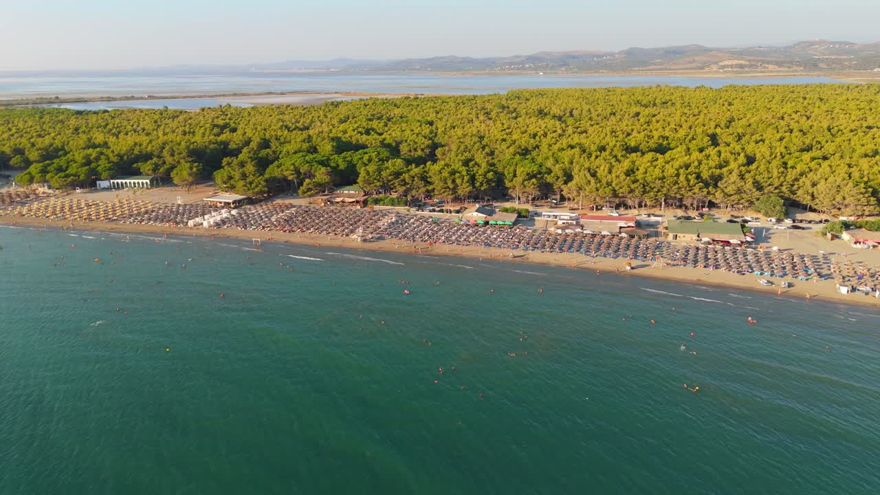 una playa abarrotada con un denso bosque en el fondo durante el verano, vista aérea